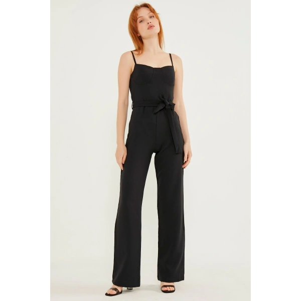 Kadın Arkası Çapraz Detaylı Siyah Tulum Elbise