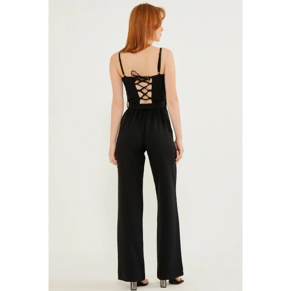 Kadın Arkası Çapraz Detaylı Siyah Tulum Elbise