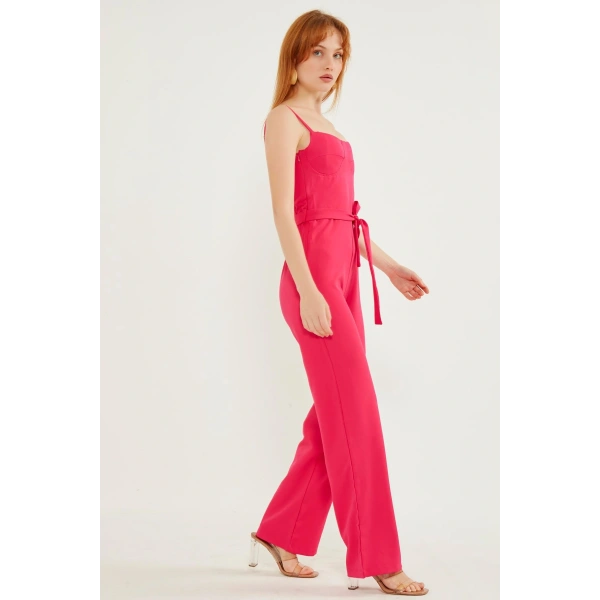 Kadın Arkası Çapraz Detaylı Pembe Tulum Elbise