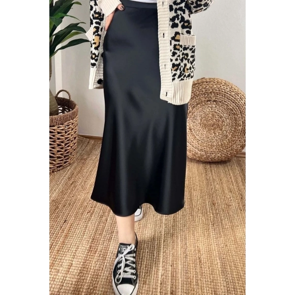 Kadın Desenli Viskon Saten Midi Boy Etek