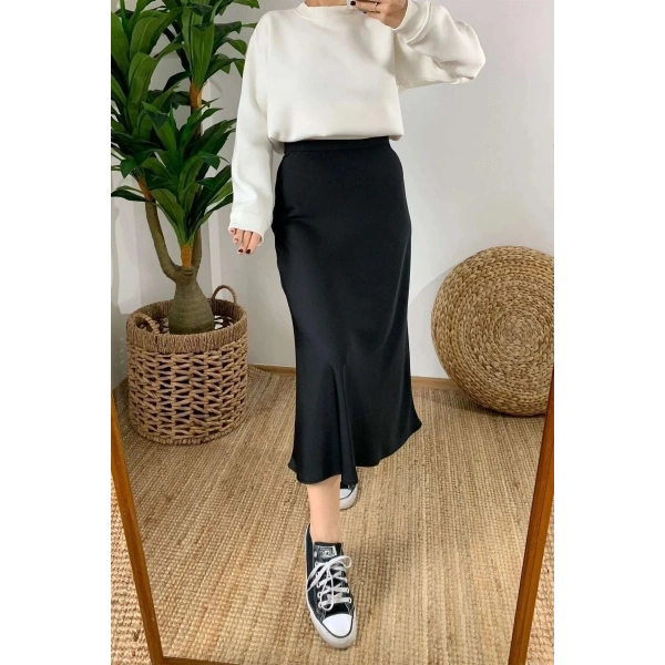 Kadın Desenli Viskon Saten Midi Boy Etek