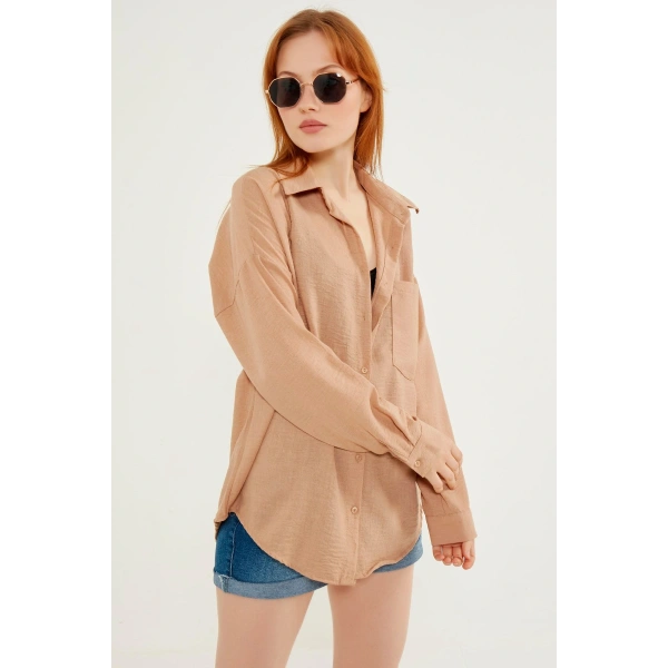 Kadın Kahve Hafif Oversize Keten Gömlek