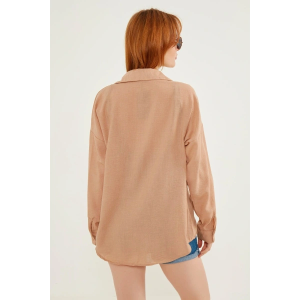 Kadın Kahve Hafif Oversize Keten Gömlek