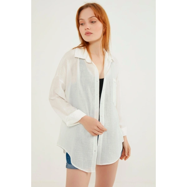 Kadın Beyaz Hafif Oversize Keten Gömlek