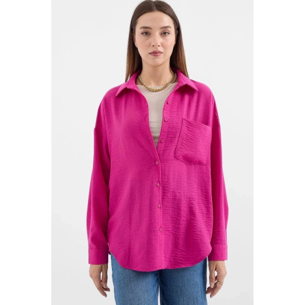 Kadın Fuşya Hafif Oversize Keten Gömlek