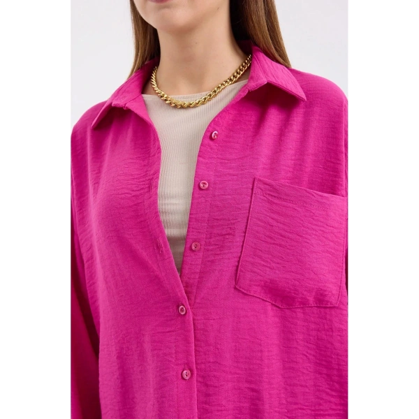 Kadın Fuşya Hafif Oversize Keten Gömlek