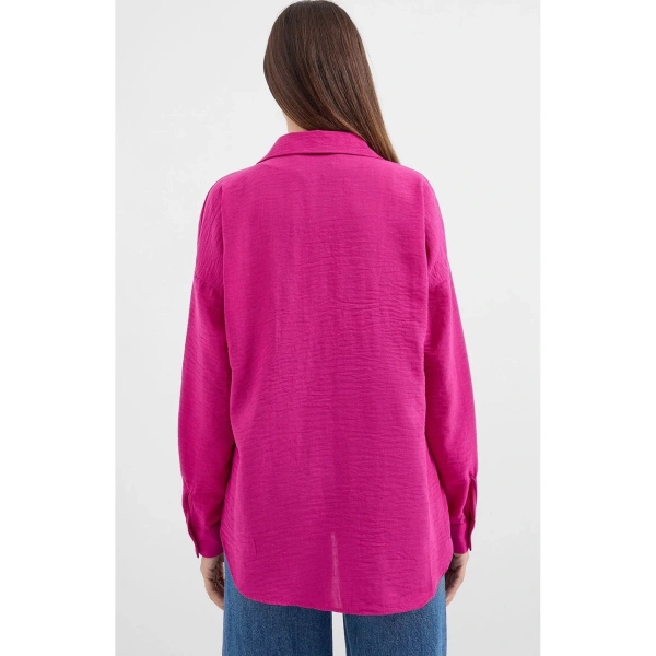Kadın Fuşya Hafif Oversize Keten Gömlek