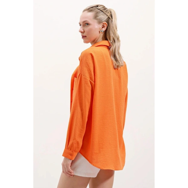 Kadın Oranj Hafif Oversize Keten Gömlek