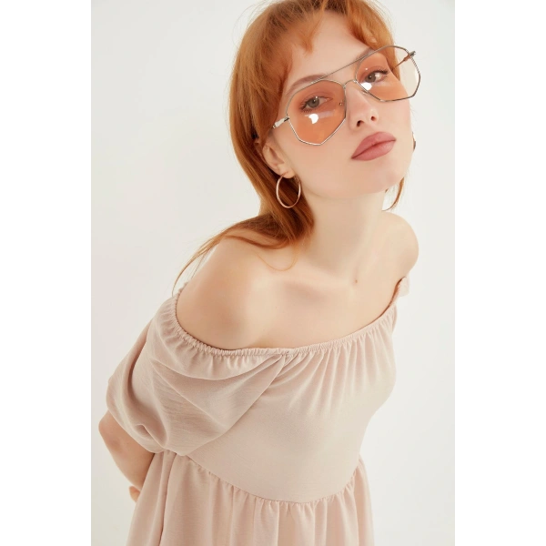 Kadın Krem Madonna Yaka Elbise