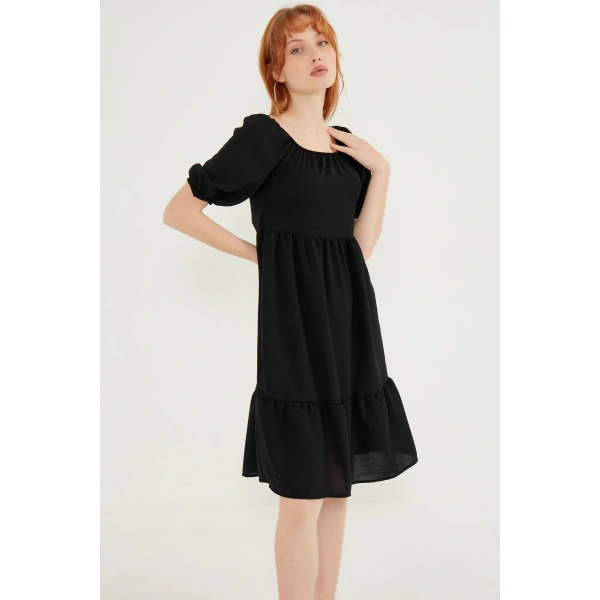 Kadın Siyah Madonna Yaka Elbise