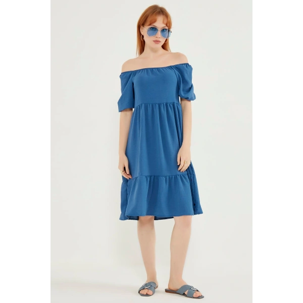 Kadın Indigo Mavi Madonna Yaka Elbise