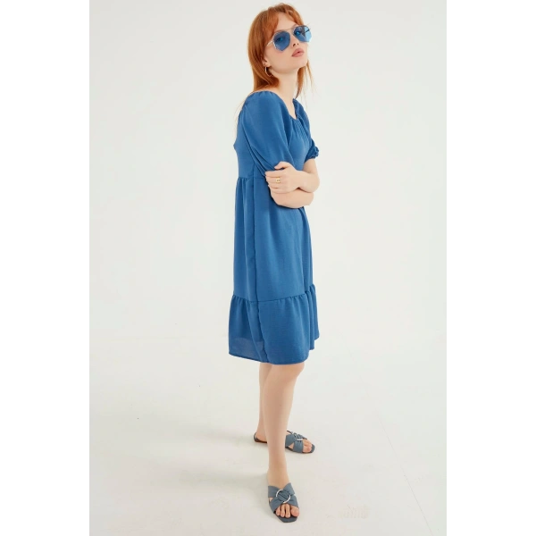 Kadın Indigo Mavi Madonna Yaka Elbise