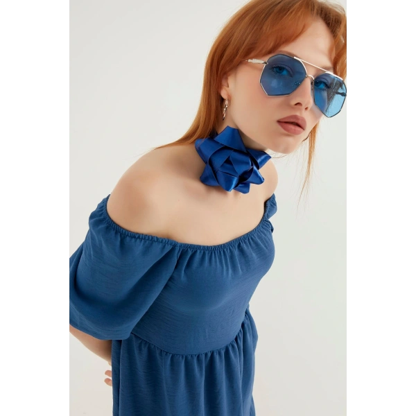 Kadın Indigo Mavi Madonna Yaka Elbise