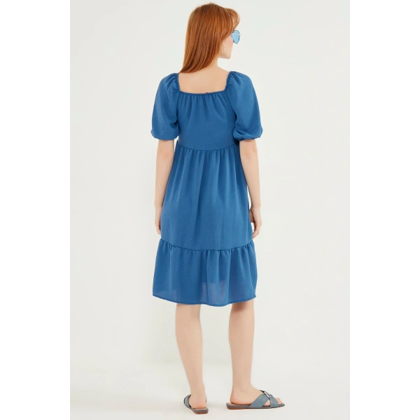 Kadın Indigo Mavi Madonna Yaka Elbise