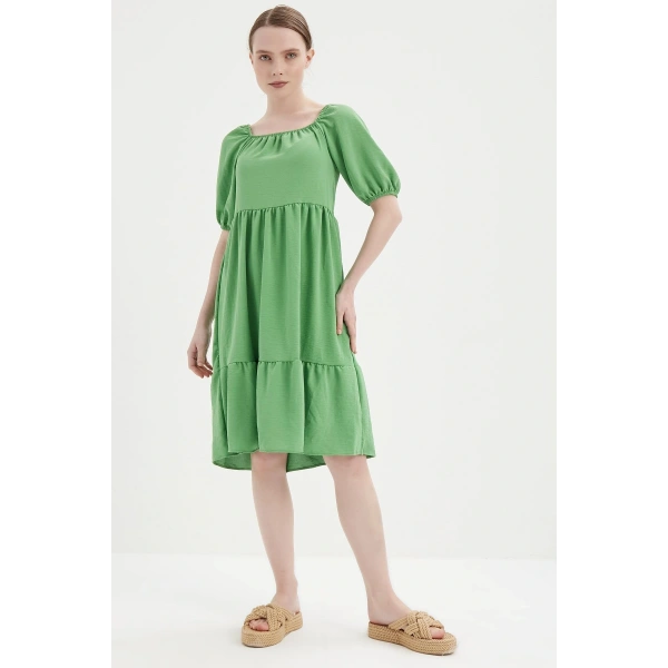 Kadın Koyu Yeşil Madonna Yaka Elbise