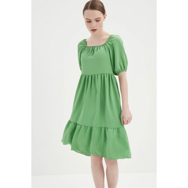 Kadın Koyu Yeşil Madonna Yaka Elbise