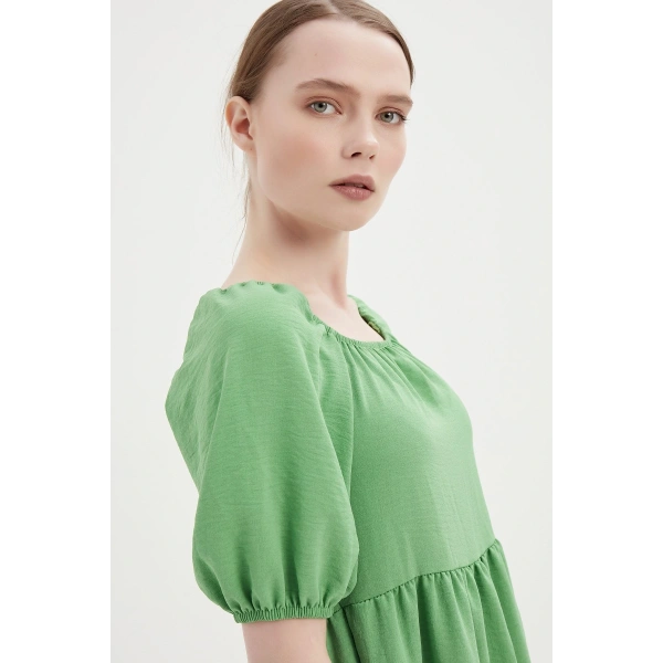 Kadın Koyu Yeşil Madonna Yaka Elbise