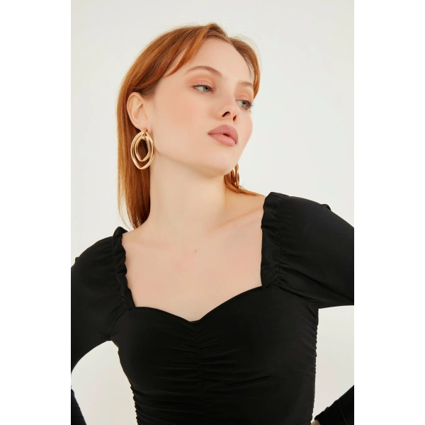 Kadın Siyah Uzun Kol Büzgülü Elbise