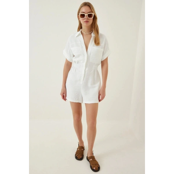 Kadın Beyaz Viskon Şortlu Tulum