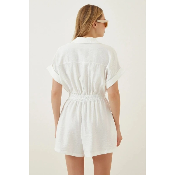 Kadın Beyaz Viskon Şortlu Tulum