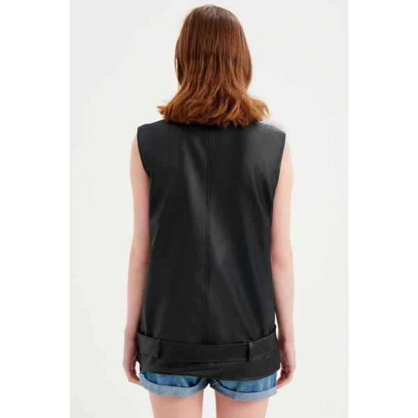 Kadın Siyah Deri Biker Oversize Yelek