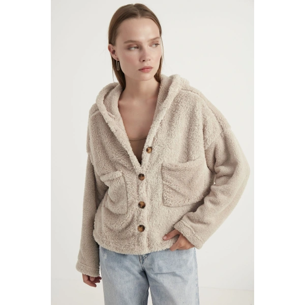 Kadın Krem Çift Cepli Kapüşonlu Peluş Hırka