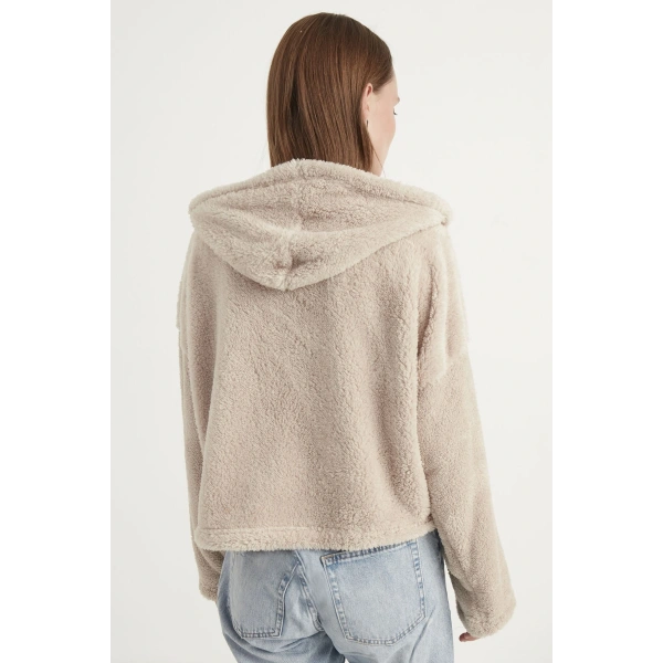 Kadın Krem Çift Cepli Kapüşonlu Peluş Hırka