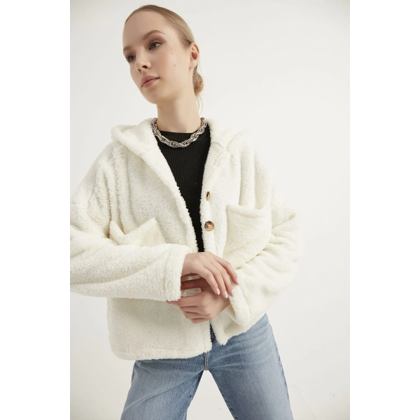 Kadın Beyaz Çift Cepli Kapüşonlu Peluş Hırka