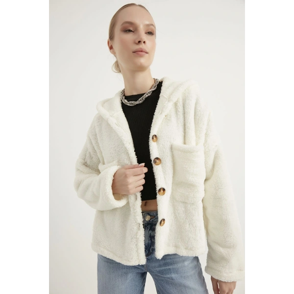 Kadın Beyaz Çift Cepli Kapüşonlu Peluş Hırka