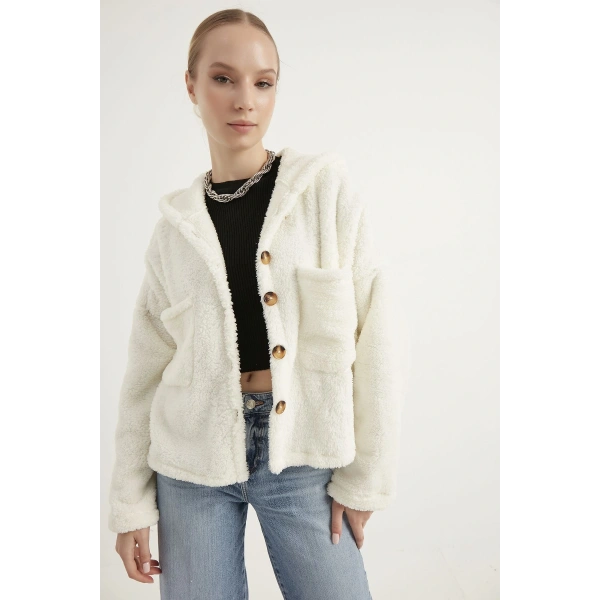 Kadın Beyaz Çift Cepli Kapüşonlu Peluş Hırka