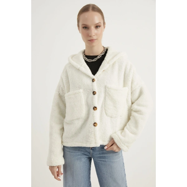 Kadın Beyaz Çift Cepli Kapüşonlu Peluş Hırka