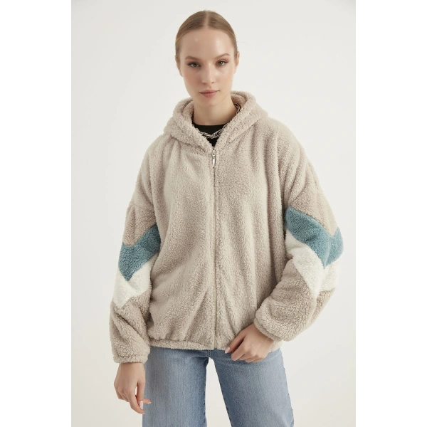 Kadın Beyaz Mavi Çift Cepli Kapüşonlu Peluş Hırka