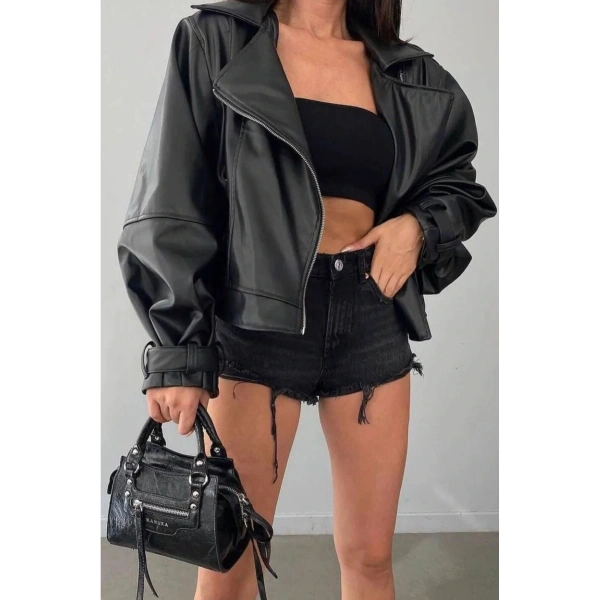 Suni Deri Geniş Kollu Bomber Ceket