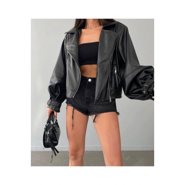 Suni Deri Geniş Kollu Bomber Ceket
