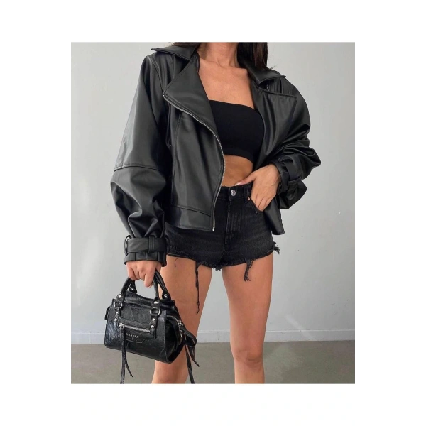 Suni Deri Geniş Kollu Bomber Ceket