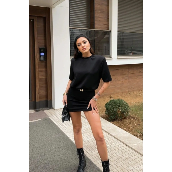 Kadın Siyah Likralı T-Shirt Elbise