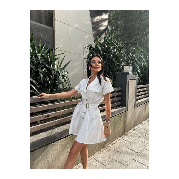 Kadın Beyaz Gabardin Kemerli Elbise