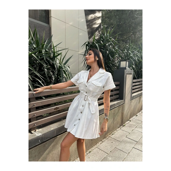 Kadın Beyaz Gabardin Kemerli Elbise