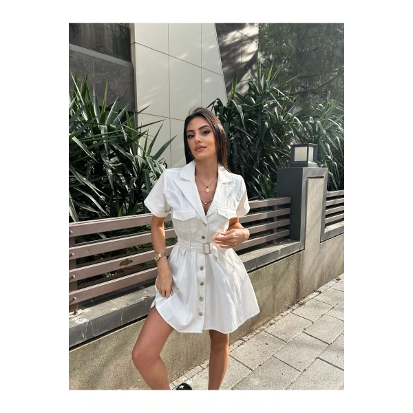 Kadın Beyaz Gabardin Kemerli Elbise