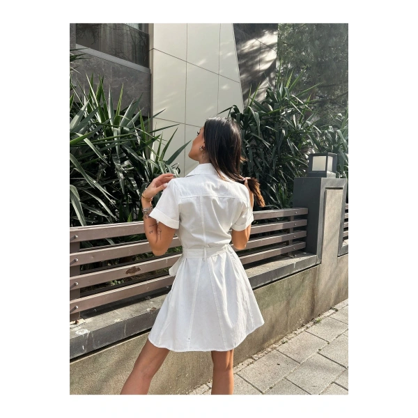 Kadın Beyaz Gabardin Kemerli Elbise