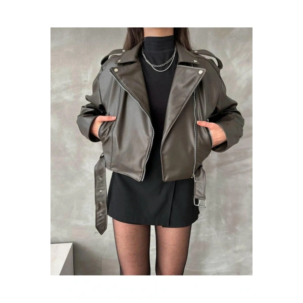 Oversıze Kemerli Deri Tarz Ceket