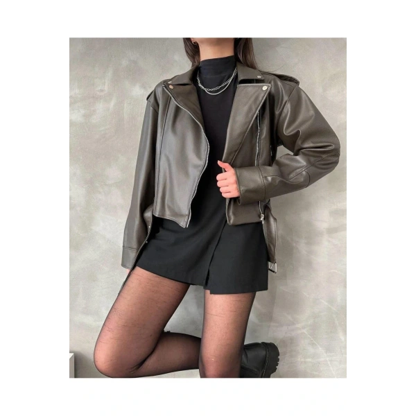 Oversıze Kemerli Deri Tarz Ceket