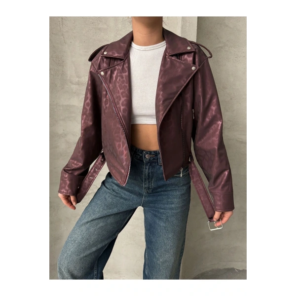 Oversıze Kemerli Deri Tarz Leopar Ceket