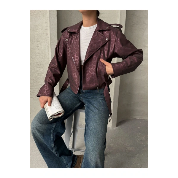Oversıze Kemerli Deri Tarz Leopar Ceket