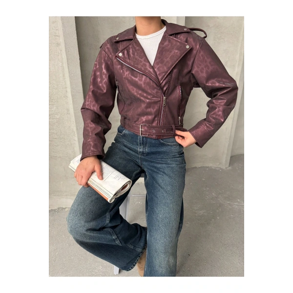 Oversıze Kemerli Deri Tarz Leopar Ceket