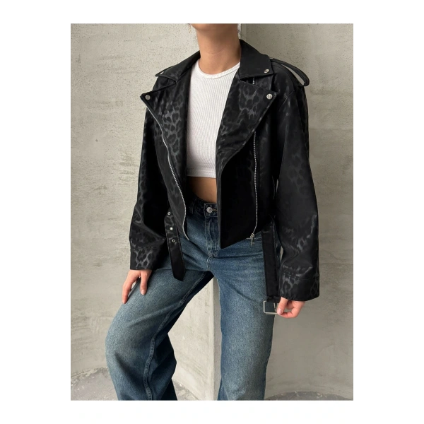 Oversıze Kemerli Deri Tarz Leopar Ceket
