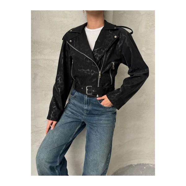 Oversıze Kemerli Deri Tarz Leopar Ceket