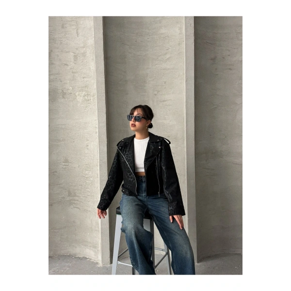 Oversıze Kemerli Deri Tarz Leopar Ceket