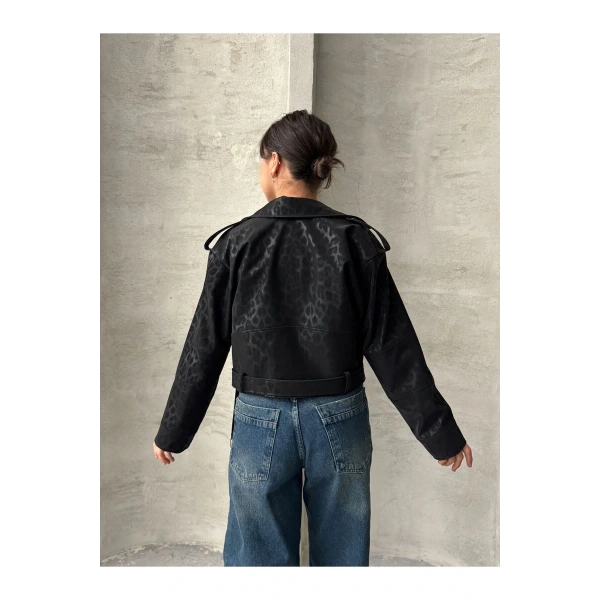 Oversıze Kemerli Deri Tarz Leopar Ceket