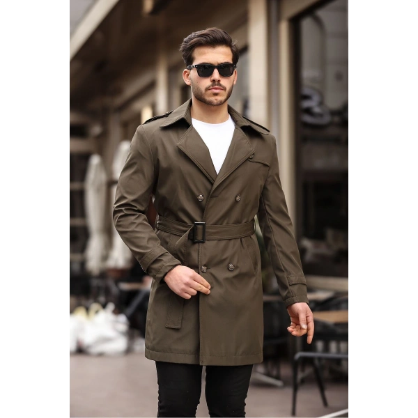 Erkek Haki Kemerli Su ve Rüzgar Geçirmez Trençkot Pardesü